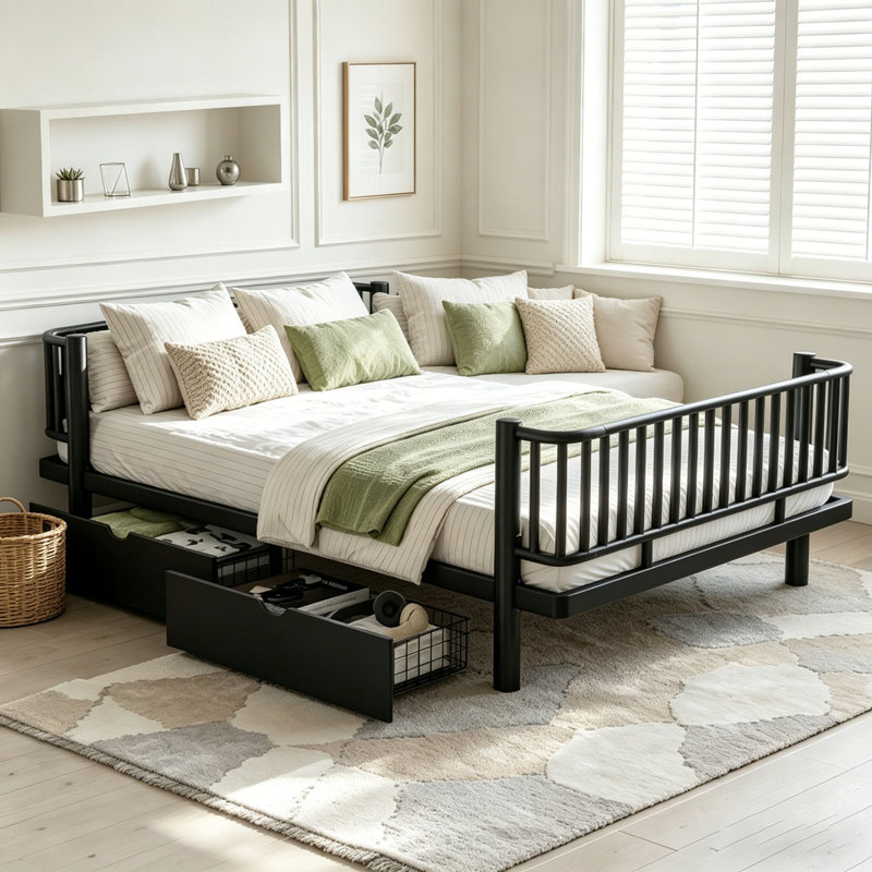 Lit plateforme avec tiroirs de rangement, Lit double, Noir