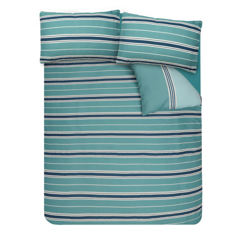 Cotton Blend Bedding, Single Duvet Cover + 1 Pillowcase, Teal Striped