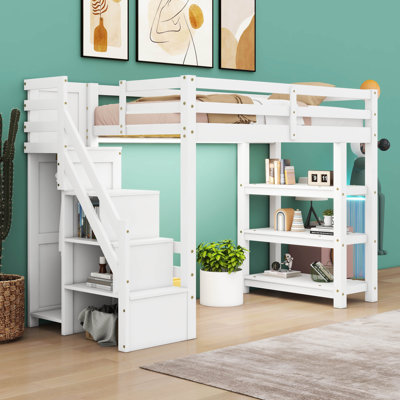 Lit mezzanine avec escalier de rangement et tablettes, cadre de lit mezzanine multifonctionnel avec petite armoire et lumière DEL