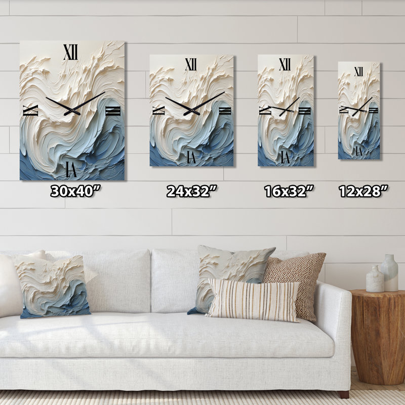 Horloge murale en métal blanc et bleu style vague Papercut, Surdimensionné