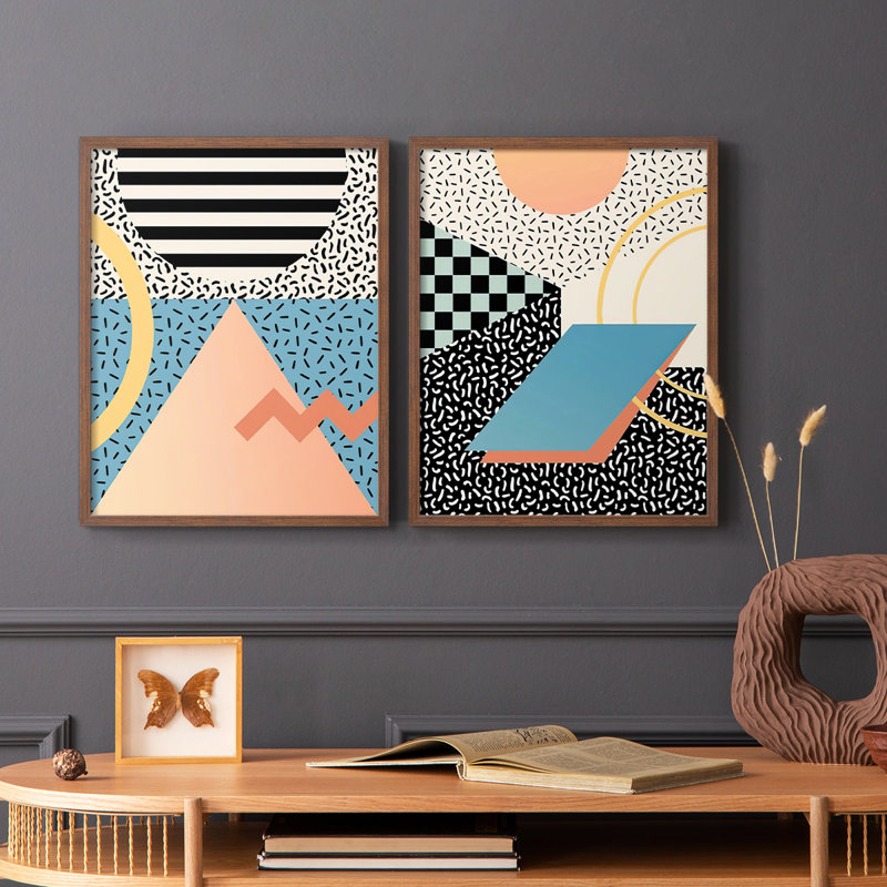 Impression encadrée moderne Memphis I-Premium - prête à être accrochée - aucun clou requis - aucun clou requis, Noyer