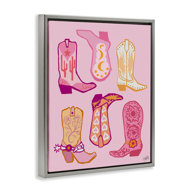 «Cowgirl Boot Designs», art mural encadré par Elizabeth Medley, Cadre flottant gris lustré, H 31 po x l 25 po