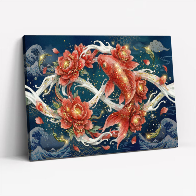 Tableau sur toile tendue représentant des carpes koï et des pivoines, de style oriental et sur fond ondulé, idéal pour décorer un salon, une chambre ou un bureau.