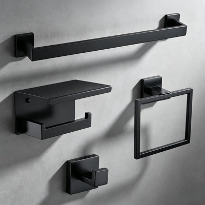Ensemble de 4 porte-serviettes de salle de bain - Ensemble de fixation murale en acier inoxydable de qualité supérieure pour serviettes et papier hygiénique - Finition noire mate antirouille - Installation facile incluse