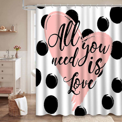 Black Striped Gold Watercolor Love White Shower Curtain with 12 Hooks