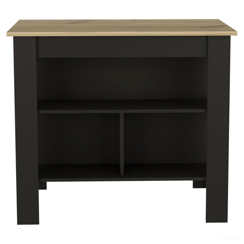 Îlot de cuisine, quatre pieds, trois tablettes, Black/Wood, H 35,4 po x l 40,5 po x P 27,5 po