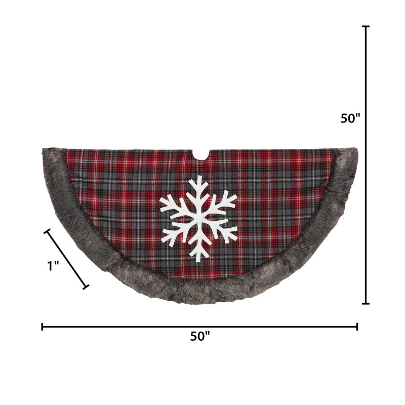 Red Buffalo Plaid Tree Skirt with Snowflake and Faux Fur Trim