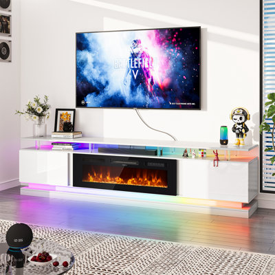 Smart Fireplace Tv Stand For 80/90 Inch Tvs, With Wi-Fi & App Control, Multi-Color Led Lights, Modern Electric Fireplace Tv Console For Living Room