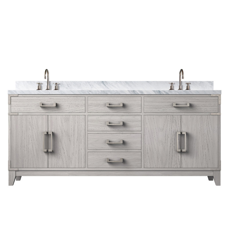 Meuble-lavabo double en chêne blanc 72 po X P 22 po D, dessus en marbre de Carrare et ensemble de robinet, Chêne blanc