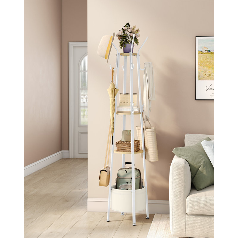 Coat Stand, Coat Rack with 16 Hooks and 1 Basket, Metal Coats Hall Tree for Scarves, Bags, Hats, FreeStanding, Hallway, Living Room, Bedroom, Office
