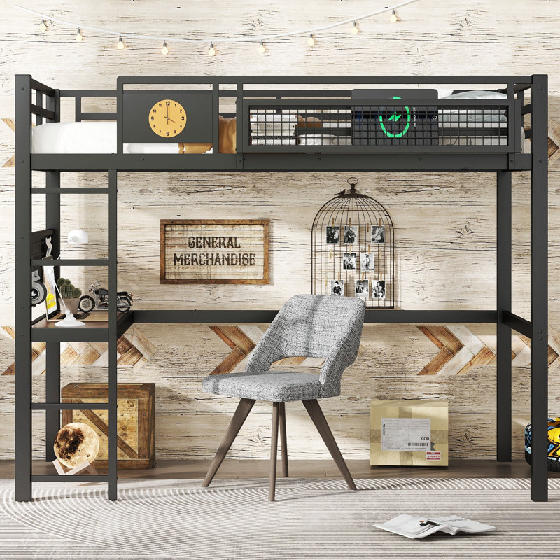 Twin XL Metal Loft Bed with Desk, Storage Basket, Charging Port & Clock, Functional Loft Bed for Kids and Teens, Black