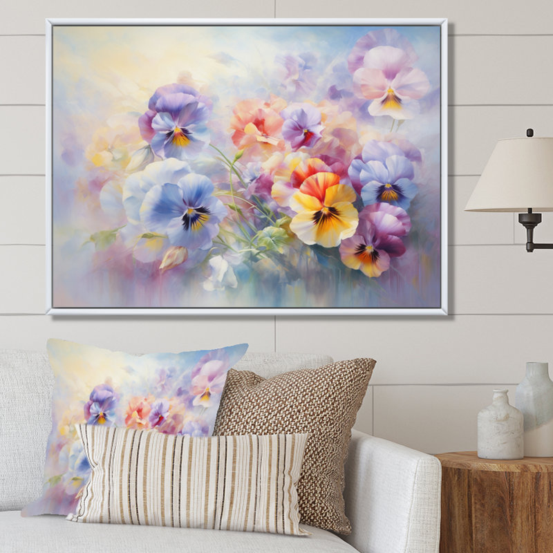 " Colourful Pansies Romantic Impression III ", 30" H x 40" W x 1.5" D, White Floater Framed