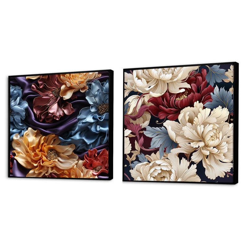 Uxbridge - Ensemble de 2 collages carrés botaniques abstraits, Cadre flottant noir, H 16 po x l 33 po