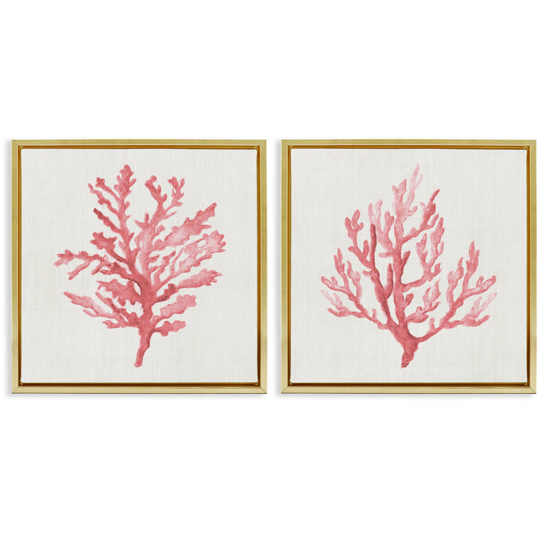 Ensemble de cadres flottants 2 pièces Rosy Pink Coral Branches, design par Janet Tava, Cadre flottant métallique doré
