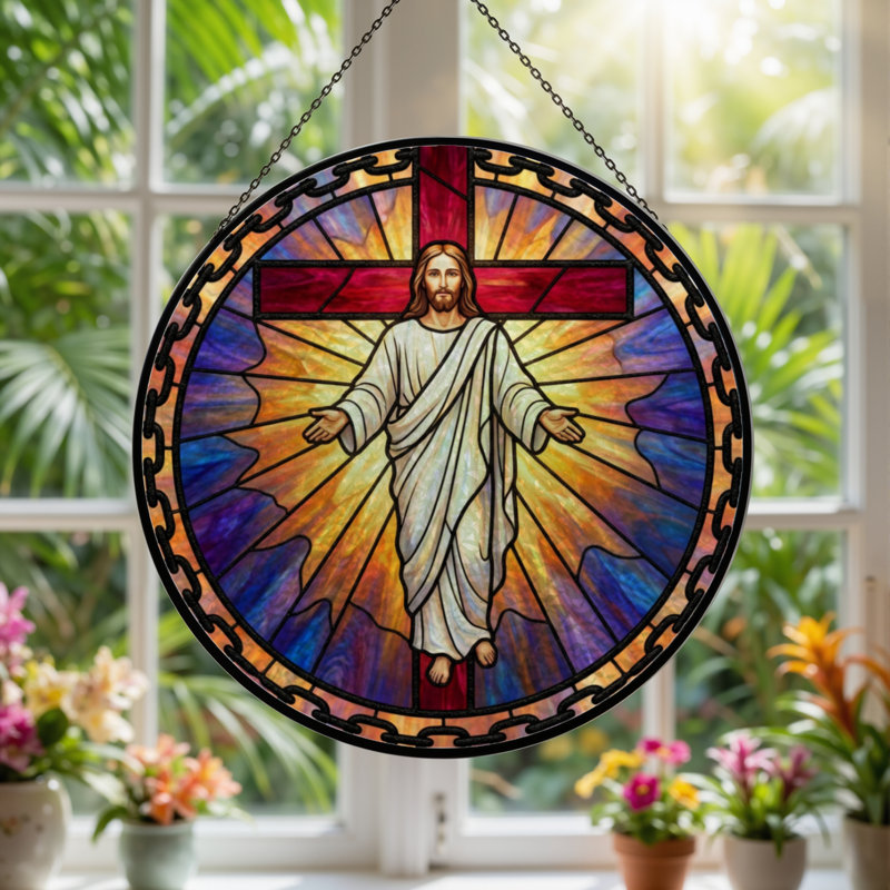 7.8"H Jesus Cross Stained Glass Window Panel, 7.8" H x 7.8" W