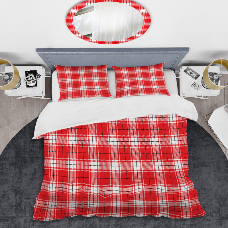 Tartan à carreaux rouge et blanc - Ensemble de housse de couette abstrait - Microfibre de polyester