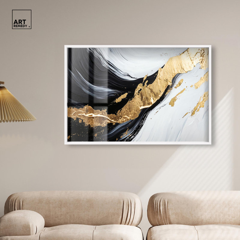 «Dynamic Fracture II», impression en noir et or par Art Remedy, cadre blanc, 45 x 30, H 31 po x l 46 po, Cadre blanc