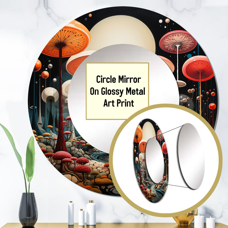Colorful Mid Century Midcentury Mushroom Dreams III - Midcentury Modern Wall Mirror, Mid-Century Modern Round Decorative Mirror, Printed Metal Art