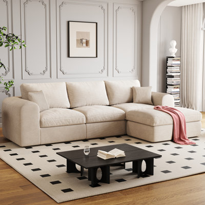 Corbin 108"  Sectional Couch ,  Modular Cloud Sofa with Deep Seat ，Comfortable Upholstery L-Shaped Cloud Couch for Living Room, No Assembly Required (Beige, 3 Seater + Ottoman)
