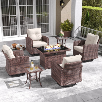 Lark Manorâ„¢ 7 Pieces Patio Furniture Set with Swivel Chairs, Rattan Wicker Rocking Glide Chairs with 44" Propane Gas Fire Pit Table Conversation Set