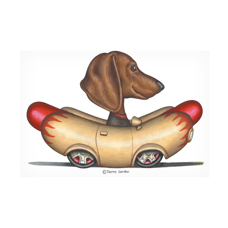 «Brown Dachshund Hotdog Car» par Danny Gordon, impression sur toile tendue, H 12 po x l 19 po x P 2 po
