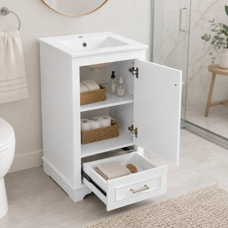 Meuble-lavabo avec lavabo en céramique Damarquis, Blanc