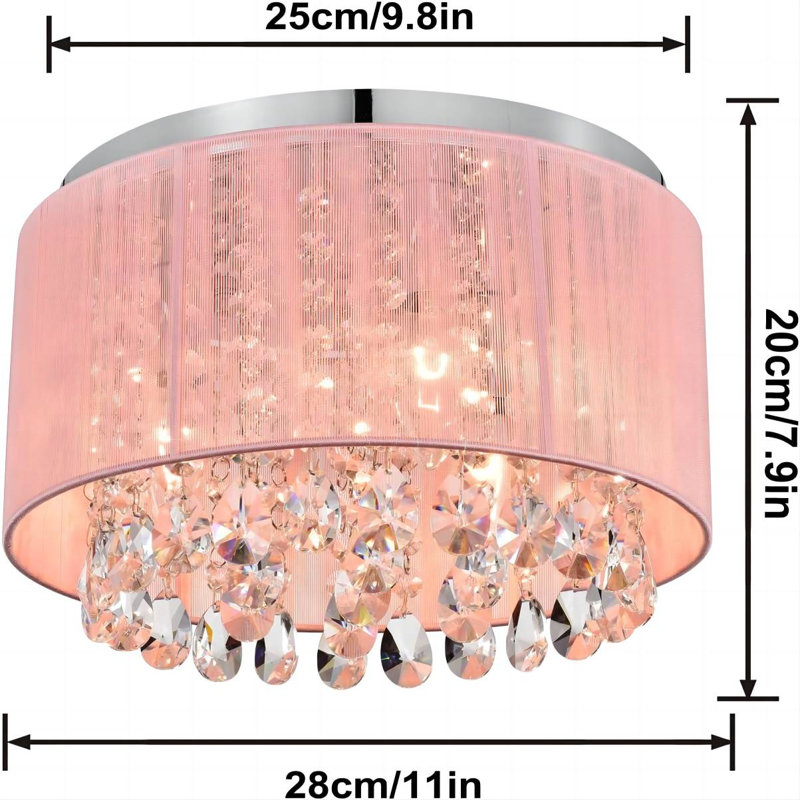 Modern Pink Fabric Shade Crystal Flush Mount, 11", E14 base (No Bulb)
