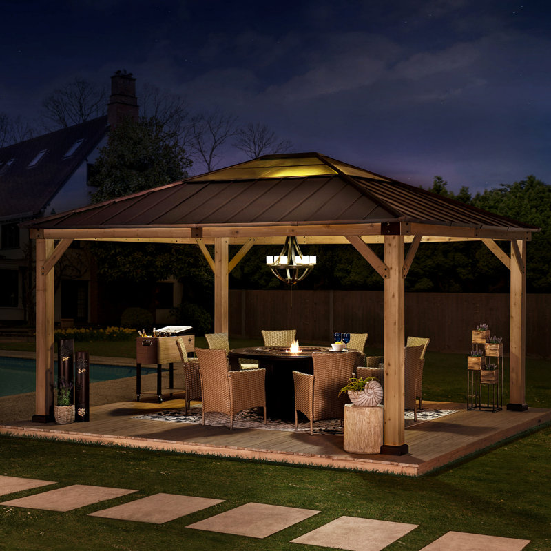 Cedar Framed Gazebo with Brown Steel Hardtop and Skylight