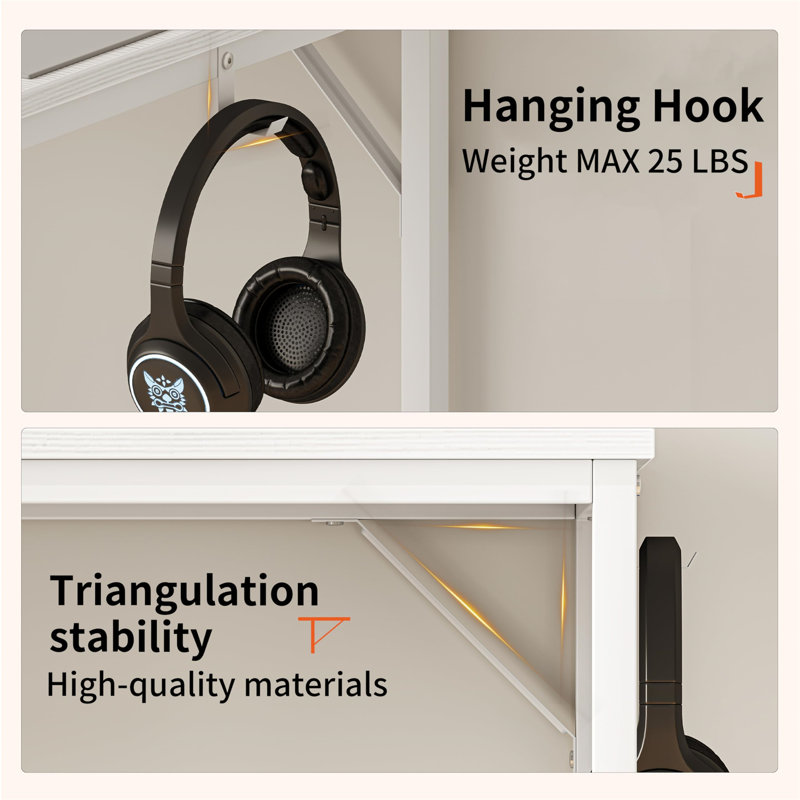 Computer Table, 152 Cm, Shelf With USB Sockets, Type-C Charging Port And Headphone Hook, White