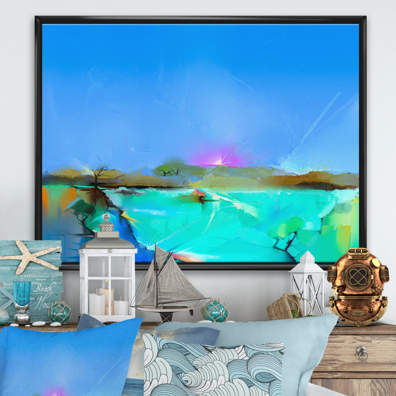 Coucher de soleil coloré dans différentes nuances de bleu - Impression sur toile, Toile avec cadre noir