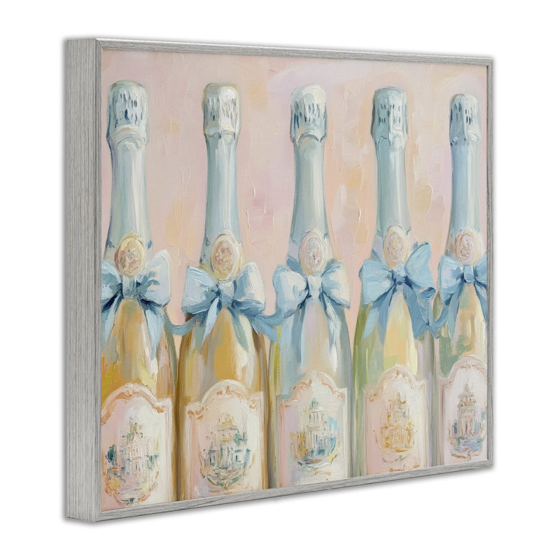 Giclée encadrée de bouteilles de champagne bleu pastel, design par Petal Prints Design, Estampe numérique Farmhouse