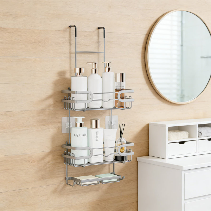 Over The Door Shower Caddy With Double Soap Holder, 3-Tier Hanging Shower Organizer With 16 Hooks, No Drill Rustproof Stainless Steel Bathroom Storage Shelf For Bathroom Door