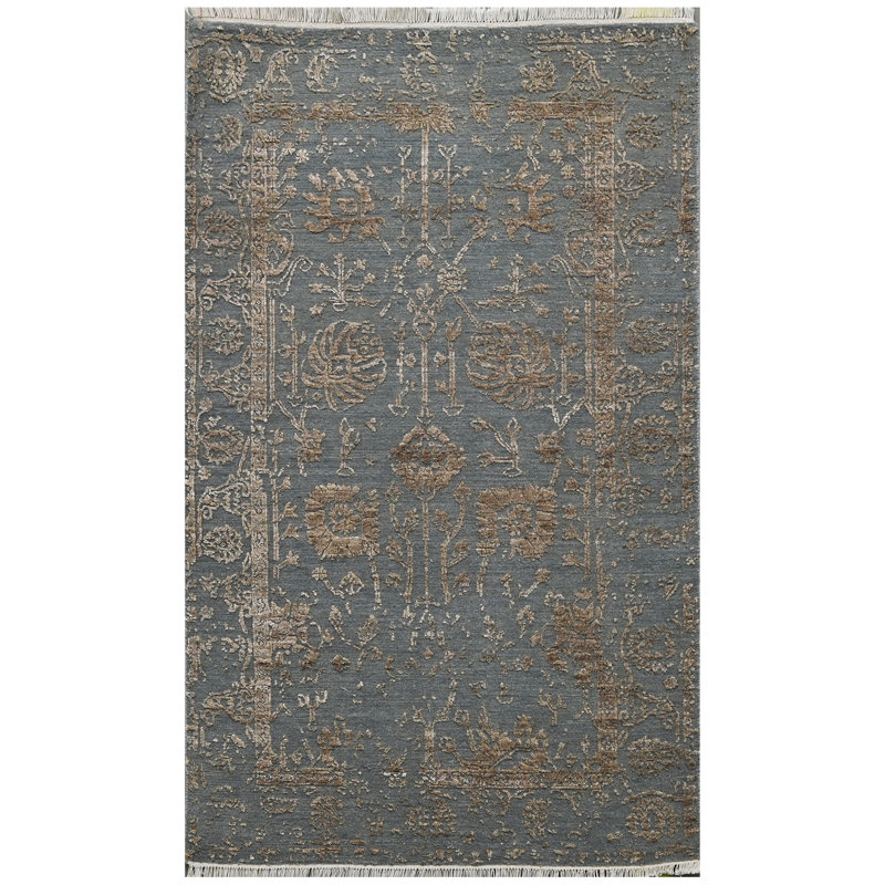 Tapis argenté et noir noué à la main de haute qualité