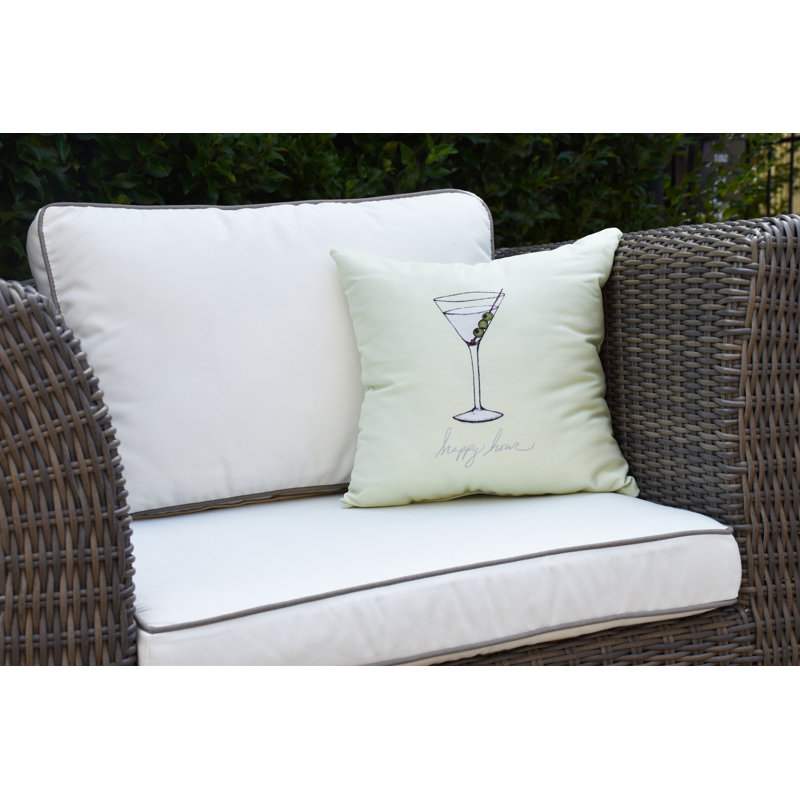Palm Beach Martini Glass Happy Hour Print Outdoor Square Pillow Cover and Insert, 16" x 16", Light Green