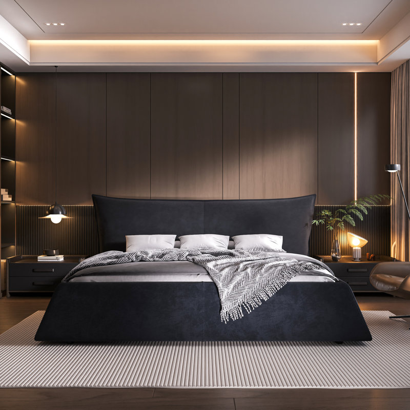 Grand lit plateforme tapissier noir avec tête de lit surdimensionnée en velours ultra doux, structure en pin massif et en métal, 24 lattes épaisses pour une tête de lit d'une capacité de 1000 lb, fabrication en bois,