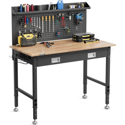 48 x 24 in Workstation with Integrated Drawer Back Panel 6-Level Adjustable Height 2000 lb Capacity Outlets Pegboard Hooks for Garage