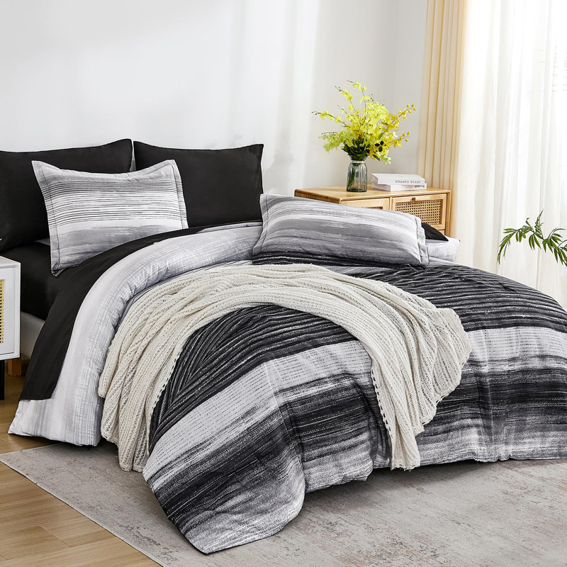 7 Pieces Striped Comforter Bedding Set All Season Bed in A Bag with Sheets, Pillowcases & Shams, Black Striped