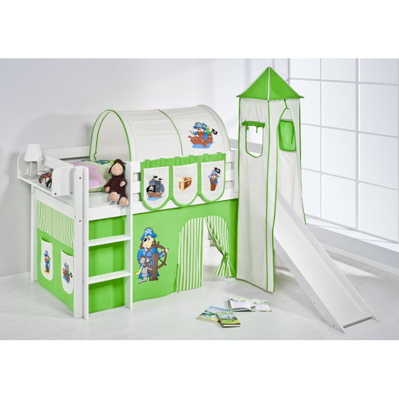 Pirat European Single Mid Sleeper Bed with Textil Set, Green / Beige
