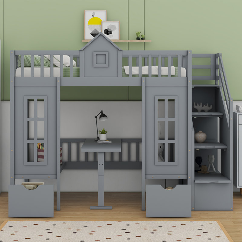 Bunk Bed With Changeable Table, Bunk Bed Turn Into Upper Bed And Down Desk, Full Over Full, Gray