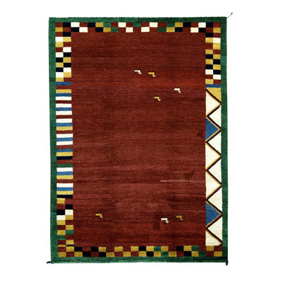 Tapis rouge / vert / jaune en laine noué à la main de conception unique 5 pi 10 po x 8 pi