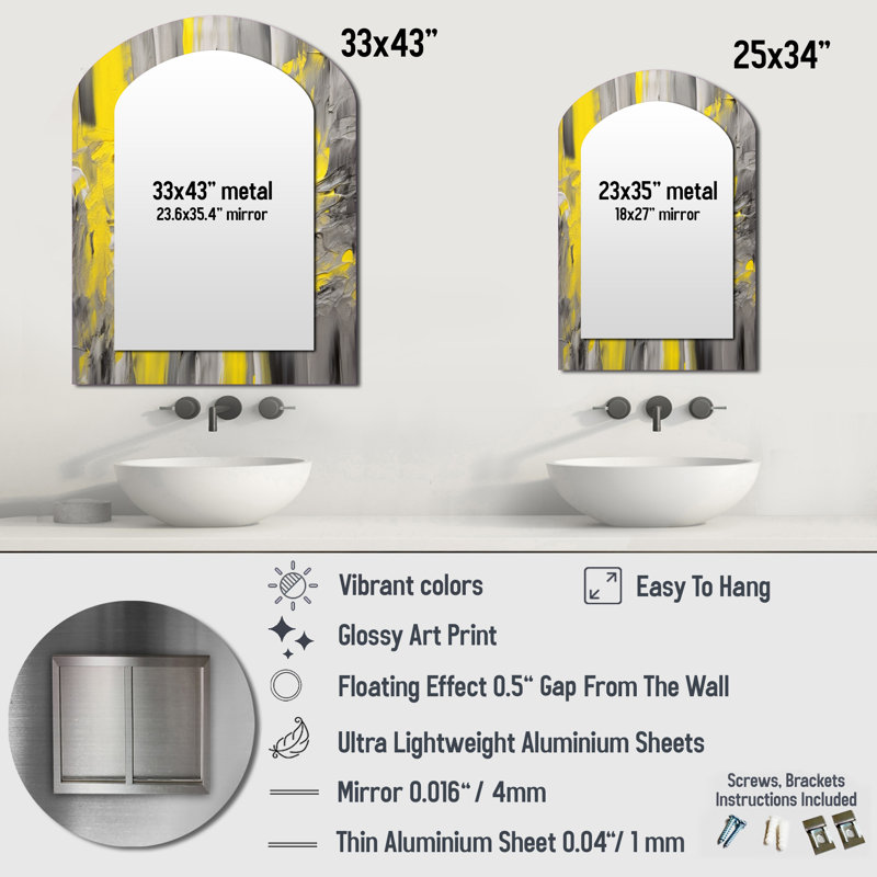 Mustard Yellow And Vivid Gray IV - Abstract Arch Decorative Mirror, Yellow Asymmetrical Wall Mirror, Printed Metal Art