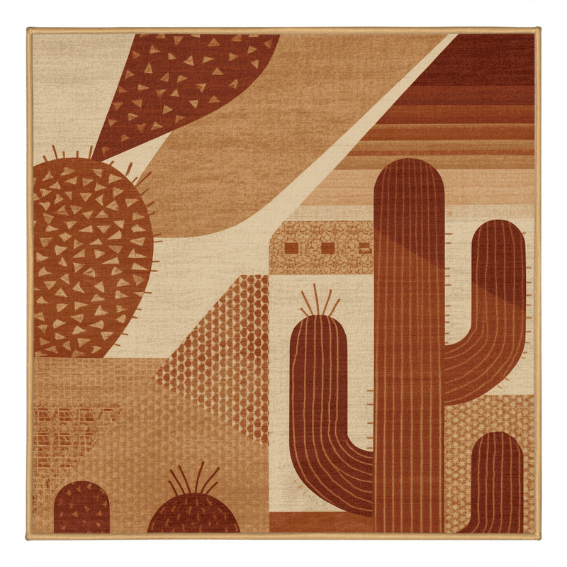 Tapis moelleux moelleux à motif géométrique d'inspiration mondiale Calvin Prickly Pear - reliure brun clair, Carré 5 pi