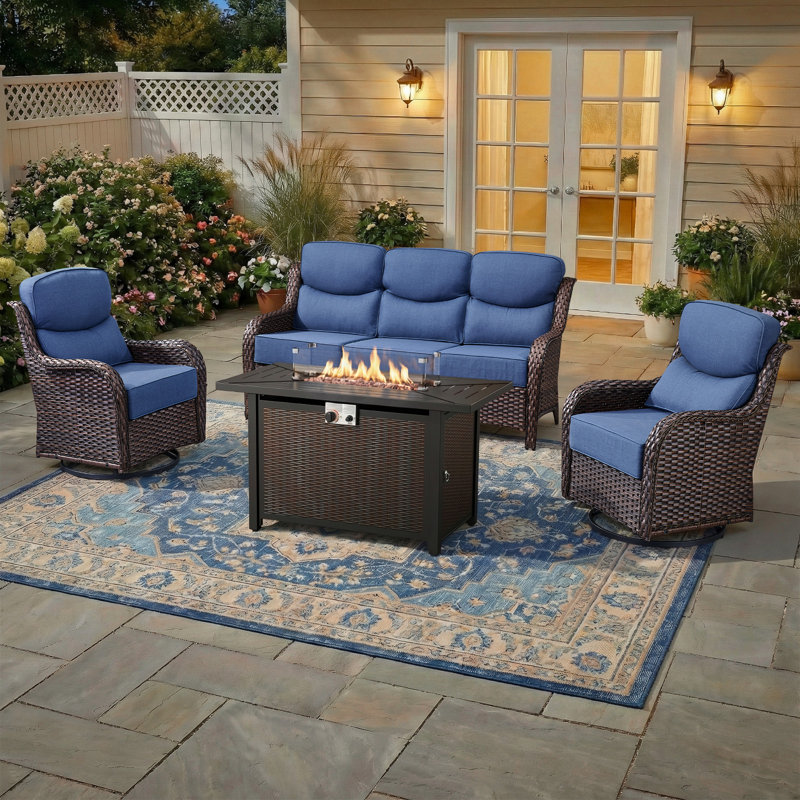 5 - Person Luxury Wicker Patio Furniture Set With Fire Pit Table & 6-Inch Extra-Thick Cushion Swivel Chairs, Blue, Brown