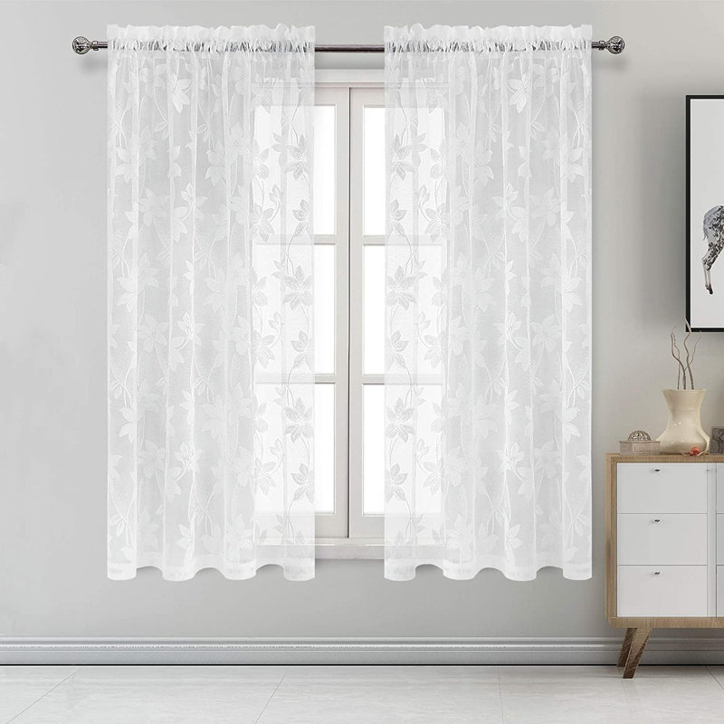 2 panneaux de rideaux transparents en dentelle florale - Design élégant avec passe-tringle Boho Chic Decor, Blanc dentelle