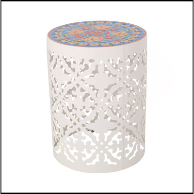 CASTANA Weather-Resistant Patio Side Table With Tile Mosaic And Lace Cut Frame, Perfect For Outdoor Relaxation And Style