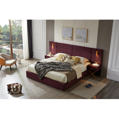 King Size Velvet Bed Frame/Vertical Channel Tufted Wingback Headboard/Upholstered Platform Bed/Strong Wooden Slats/No Box Spring Needed/Easy Assembly