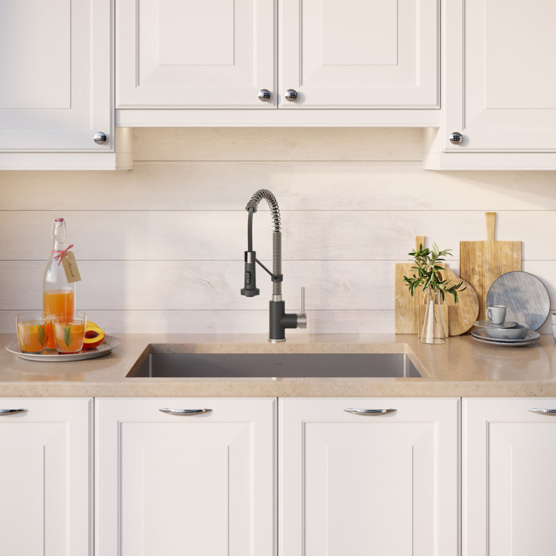 Kraus 32-in Standart Pro Kitchen Sink Combo Set with Bolden™ Kitchen Faucet and Soap Dispenser, Stainless Steel/Matte Black