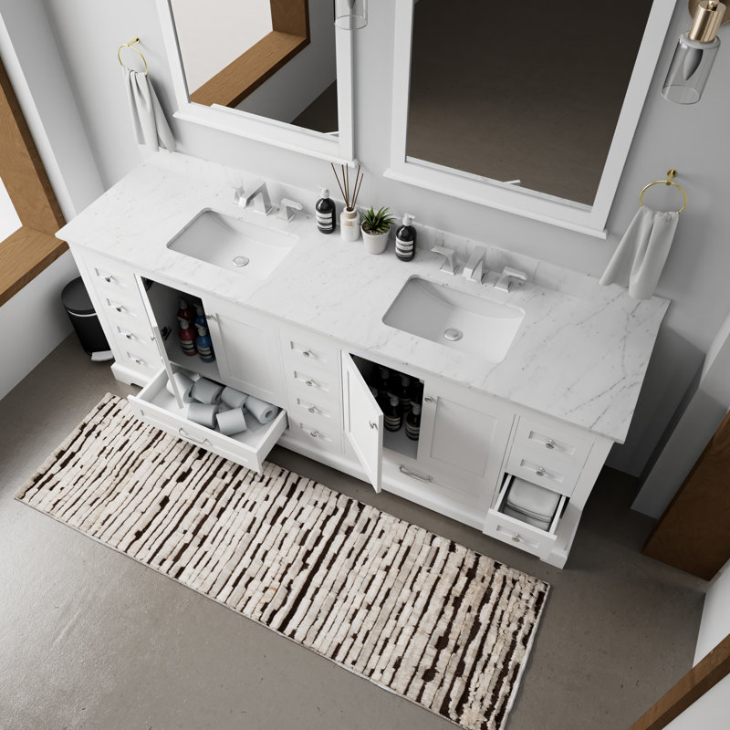 Dukes 84 in. W x 22 in. D Double Bath Vanity, White, White Carrara Marble