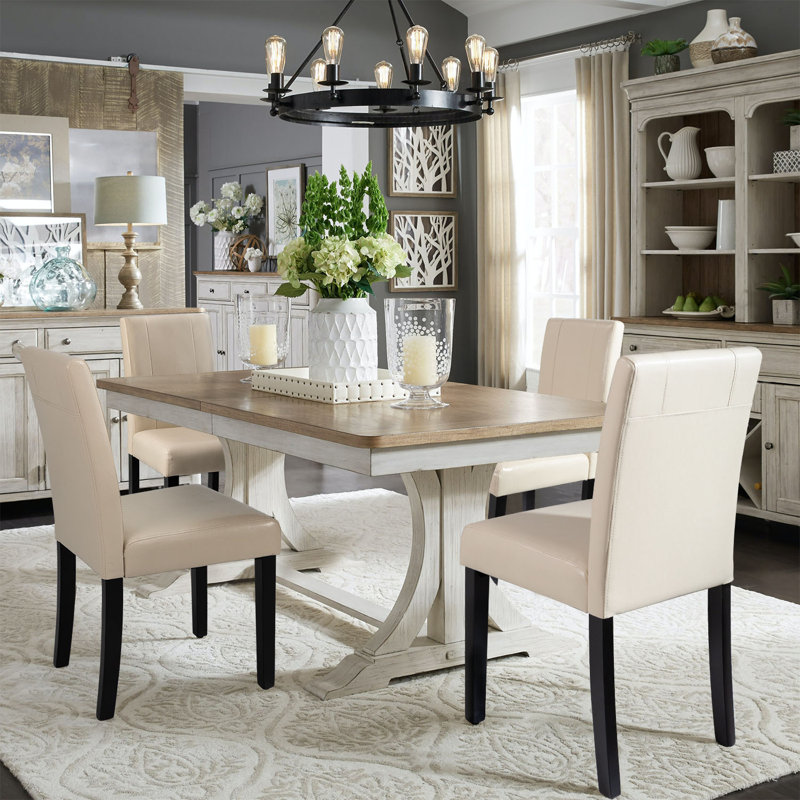Beige Faux Leather Upholstered Side Chairs with Wood Legs