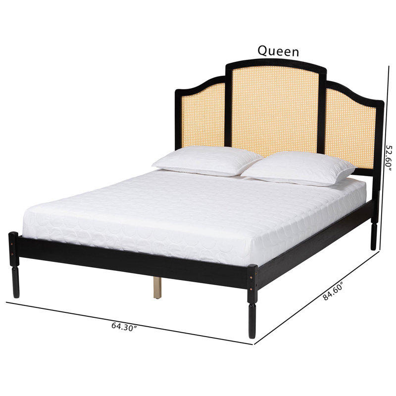 Queen Black Wood Platform Bed with Woven Rattan Headboard
